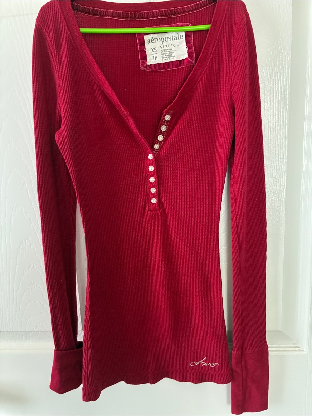Aeropostale Women's Deep Red Ribbed Henley Long Sleeve Top Size XS